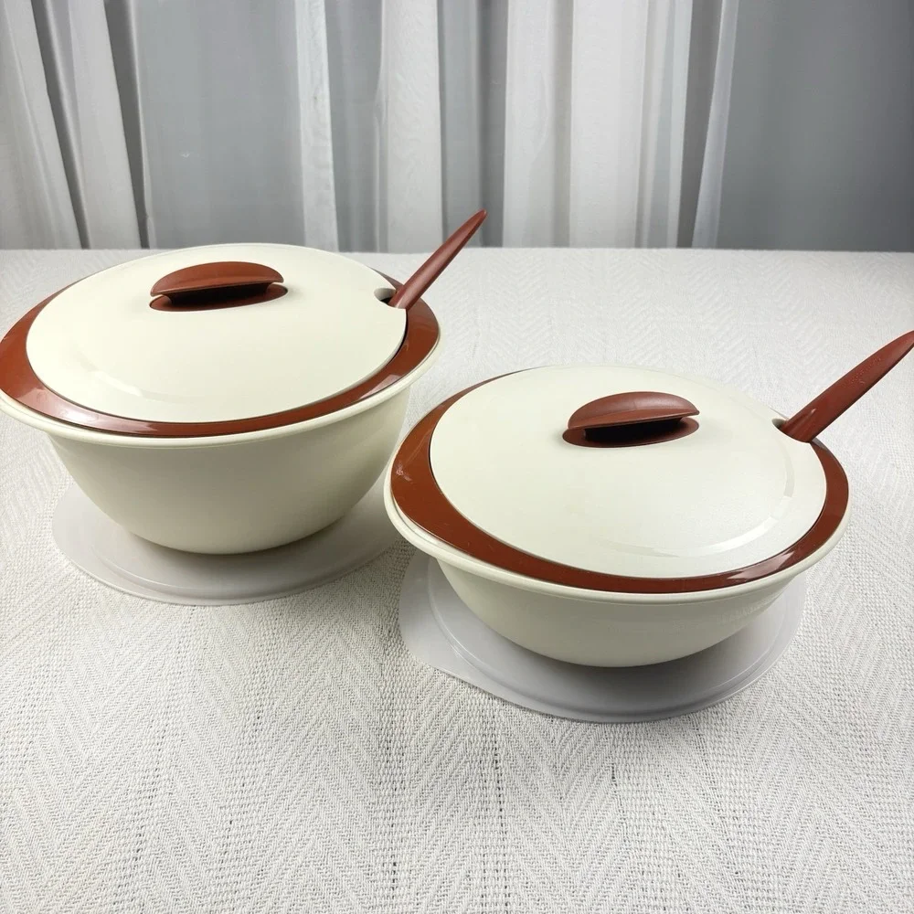 Vintage Tupperware Insulated Oval Server Sets 4.3L And 3.1L - 2 Spoons And Seals